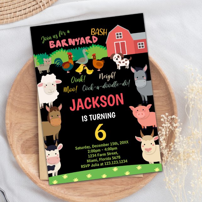 6. Schwarze Landtiere Einladungen zum Geburtstag (6th Black Farm Animals Birthday Invitations)