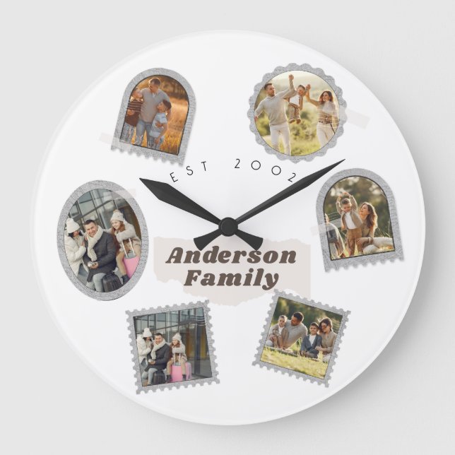 6 Sechs Foto Moderne Elegante Collage Family Liebe Große Wanduhr (Vorderseite)