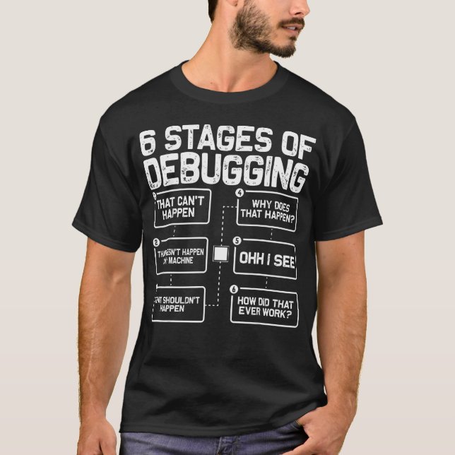 6 Stadien des Debuggens Programmierer Computer Lus T-Shirt (Vorderseite)