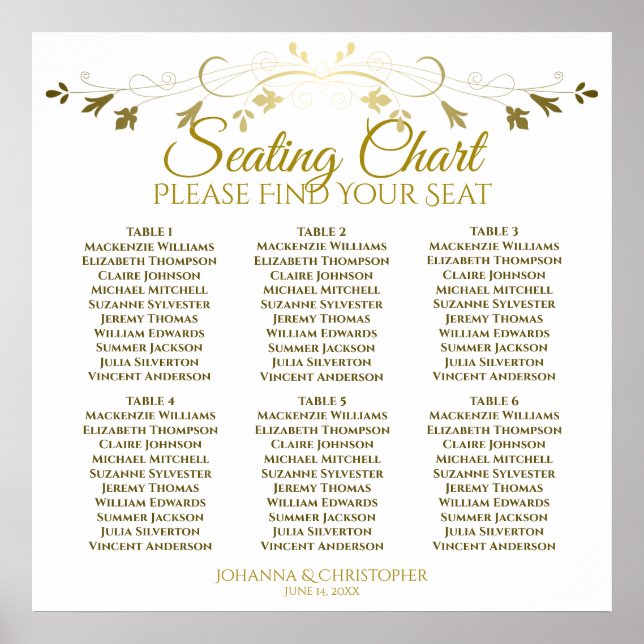 6 Tabelle Einfache elegante Gold-Hochzeitssettkart Poster (Vorne)
