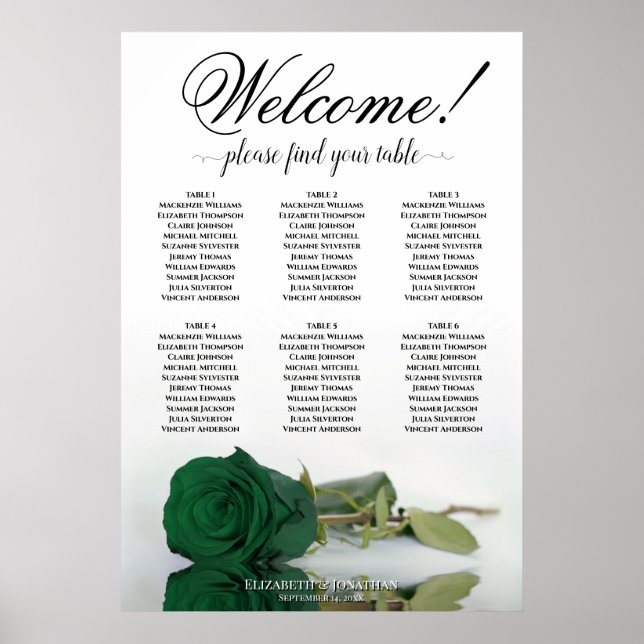6 Tabelle Elegante Smaragdgrüne Rose Sitzkarte Poster (Vorne)