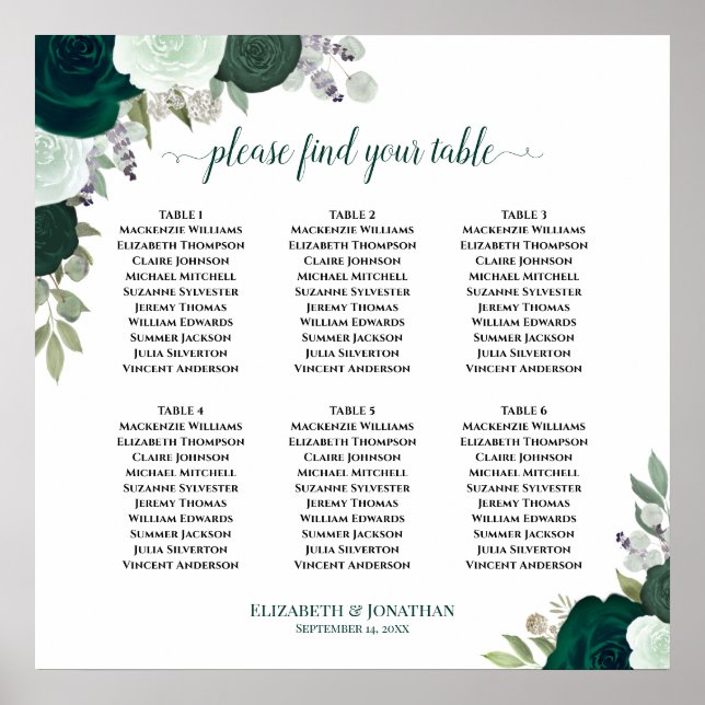 6 Tabelle Emerald Green Floral Wedding Chart Poster (Vorne)