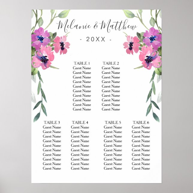 6 Tabelle | Eukalyptus Floral Wedding Chart Poster (Vorne)
