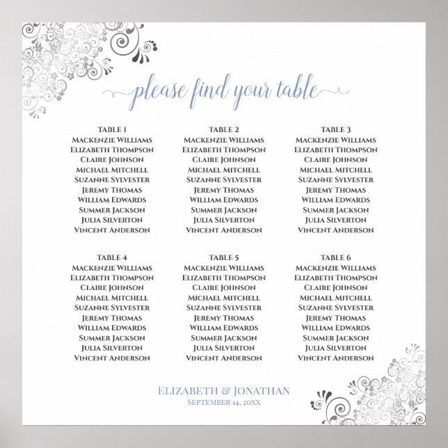 6 Tabelle Frilly Wedding Seating Chart Blau auf We Poster (Vorne)