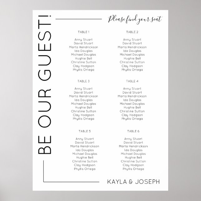 6 Tabelle Minimalistische Hochzeitdiagrammvorlage Poster (Vorne)