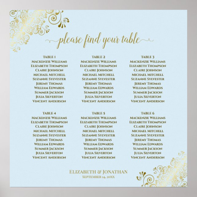 6 Tabelle Powder Blue & Gold Hochzeitskarte Poster (Vorne)