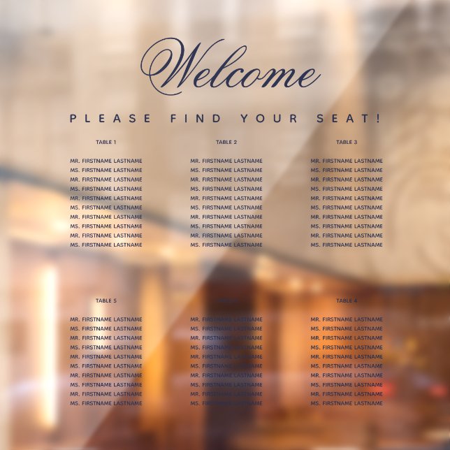6 Tabelle Seating Chart Navy Blue Script transpare Fensteraufkleber (Blatt 2)