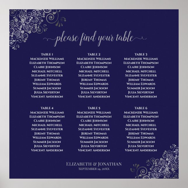 6 Tabelle Silver & Navy Blue Wedding Seekarte Poster (Vorne)