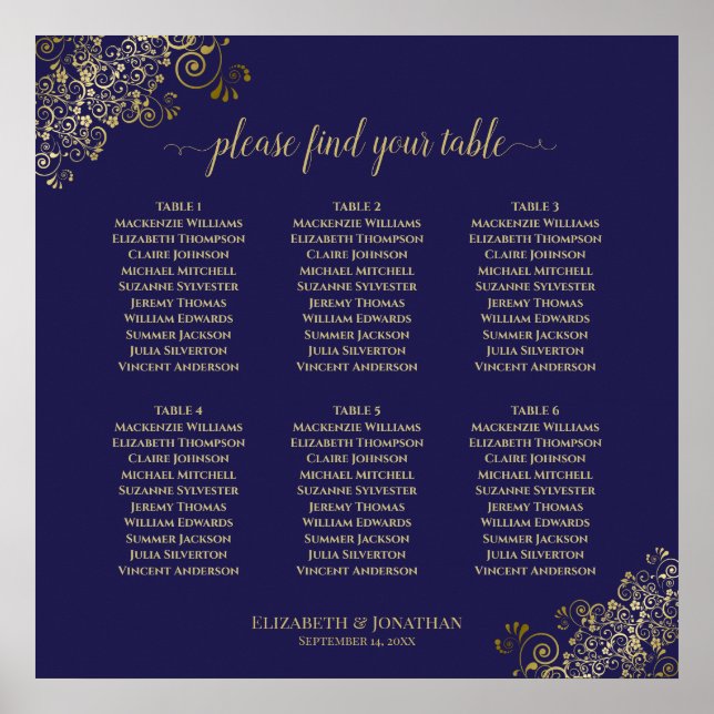 6 Table Lacy Gold Hochzeitskarte Navy Blue Poster (Vorne)