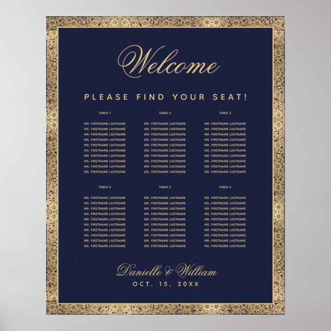 6 Table Navy Blue Gold Rose Hochzeitskarte Poster (Vorne)