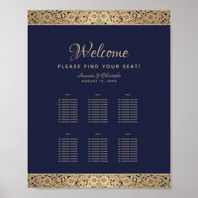 6 Tables Navy Blue Wedding Chart Gold Rose Poster (Vorne)