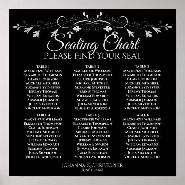 6 Tafelchic Silver & Black Wedding Seekarte Poster (Vorne)