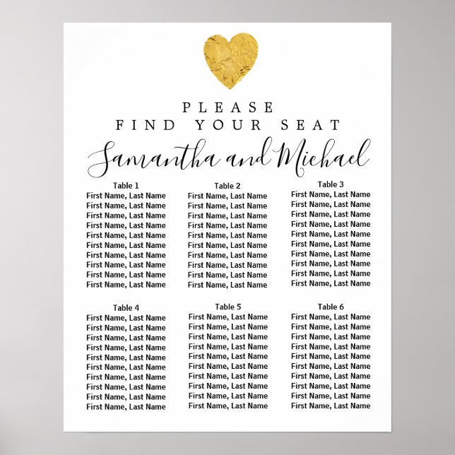 6-Tisch-Hochzeitskarte aus Goldfolie Poster (Vorne)