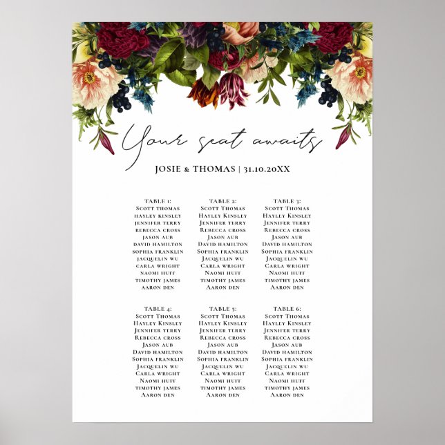 6-Tisch-Moody Floral Burgund Hochzeitsplaner Poster (Vorne)