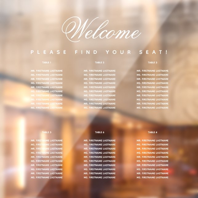 6 Tische Weiß, schlicht, transparent, Sitzplan Fensteraufkleber (Blatt 2)