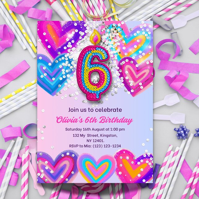 6e anniversaire Invitation pour les filles Coeur d (Créateur téléchargé)