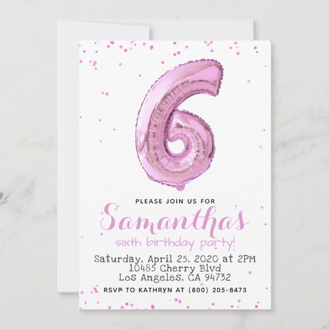 6e anniversaire Pastel Pink Balloon Invitation (Devant)
