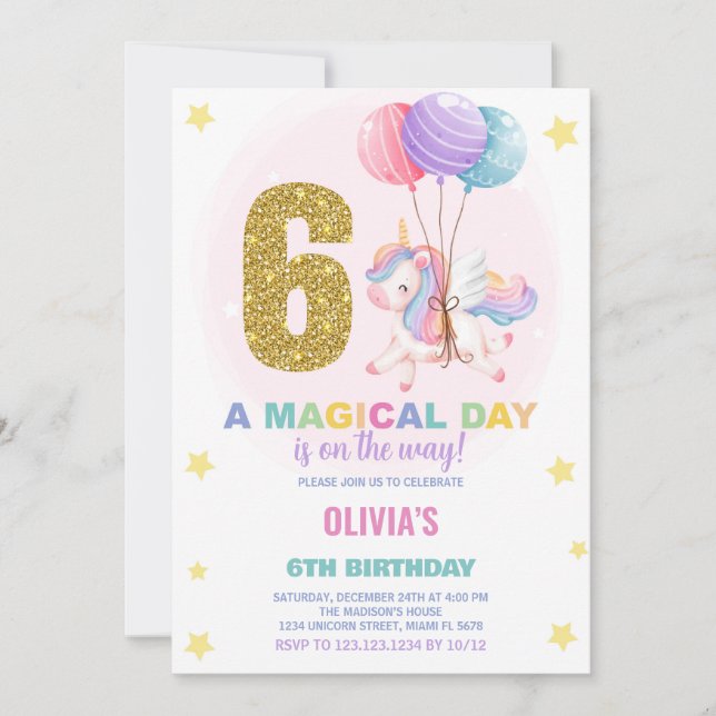 6e anniversaire Unicorn Anniversaire Invitations (Devant)