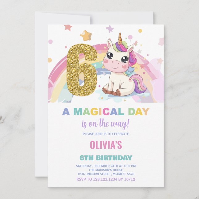 6e anniversaire Unicorn Anniversaire Invitations (Devant)