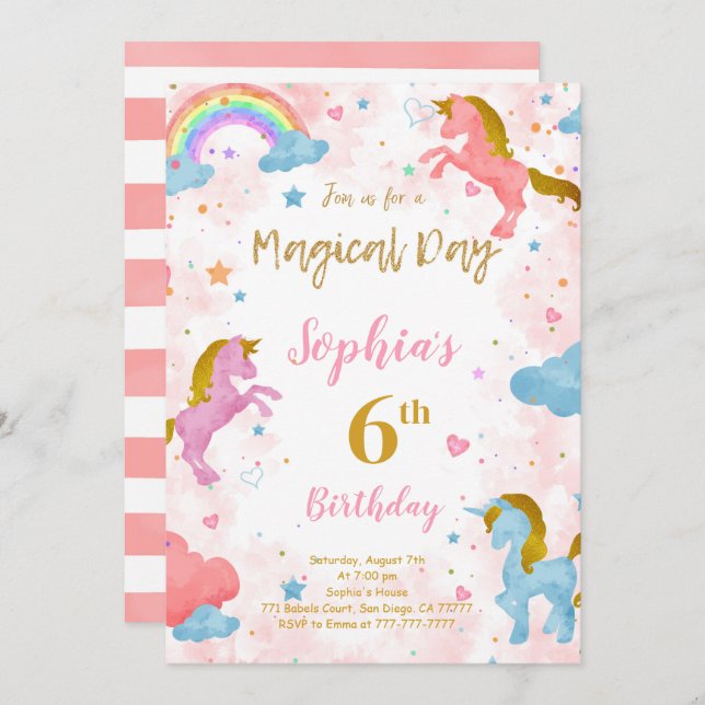 6e anniversaire Unicorn Invitation (Devant / Derrière)
