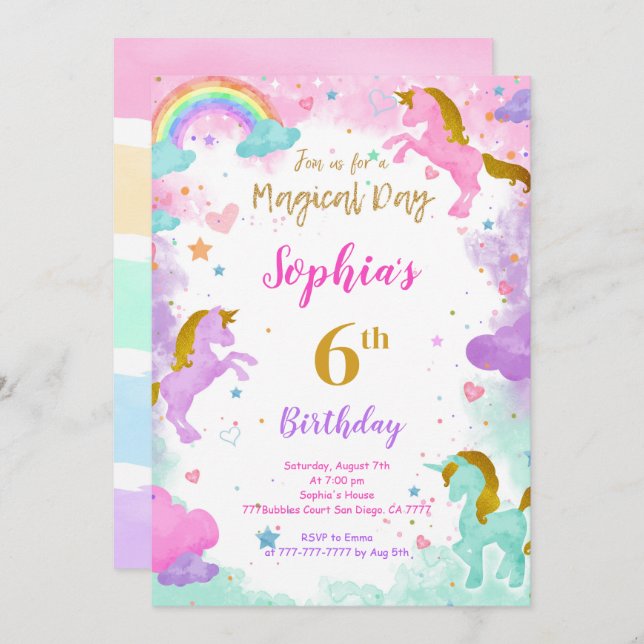 6e anniversaire Unicorn Invitation (Devant / Derrière)
