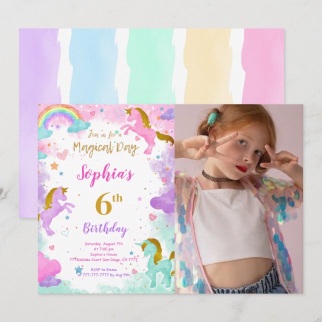 6e anniversaire Unicorn Photo Invitation (Devant / Derrière)