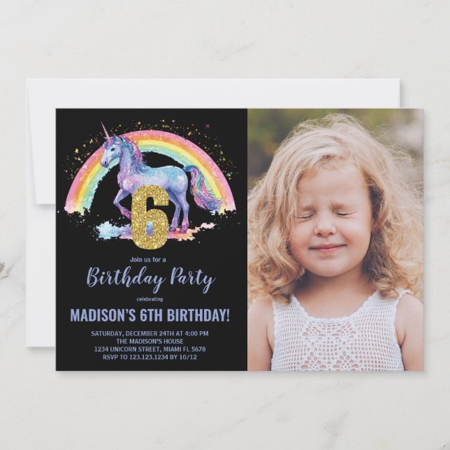 6e Rainbow Unicorn Birthday Invitations photo (Devant)