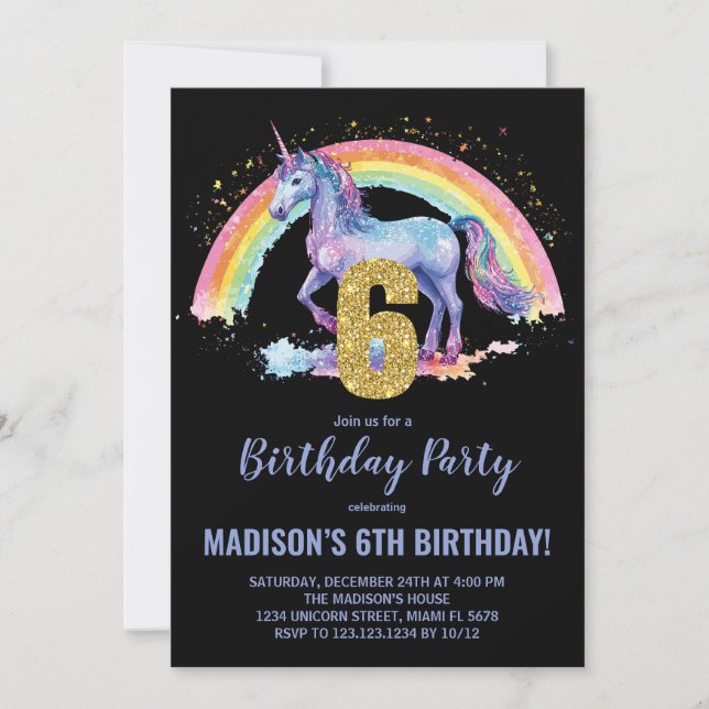 6e Rainbow Unicorn Invitations d'anniversaire (Devant)