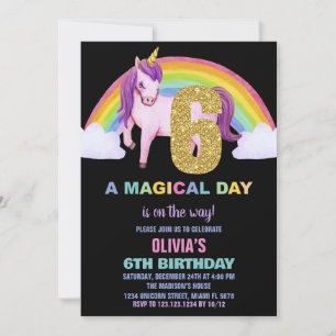 6ème Rainbow Unicorn Anniversaire Invitations Part