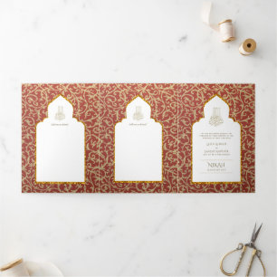 6pg NIKAH WALIMAH White Red Gold Verziertes Tri-Fo Dreifach Gefaltete Einladung