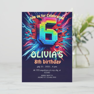 6th Birthday Boy Pixel neon Invitation Einladung