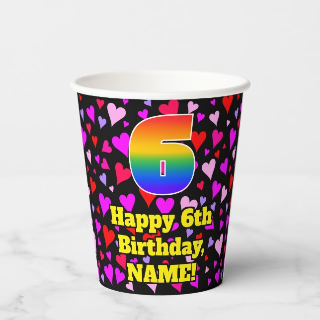 6th Birthday: Loving Hearts Pattern, Rainbow 6 Pappbecher (Rückseite)