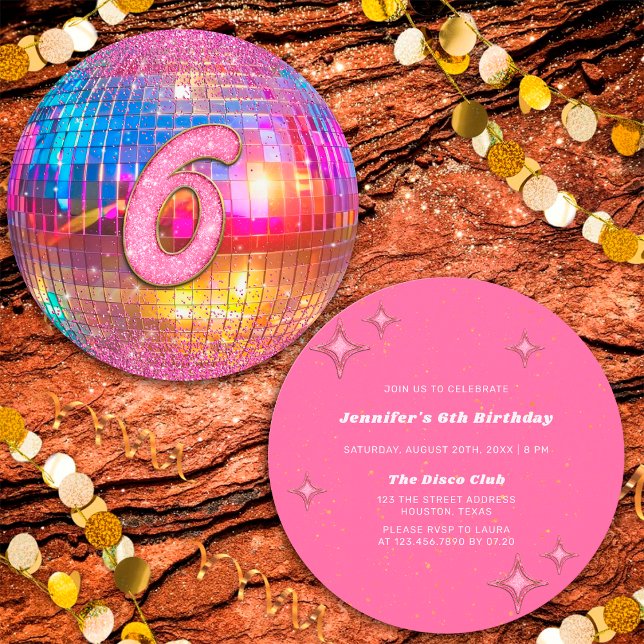 6th Birthday Party Gold Pink Glitter Disco Ball Einladung (Von Creator hochgeladen)