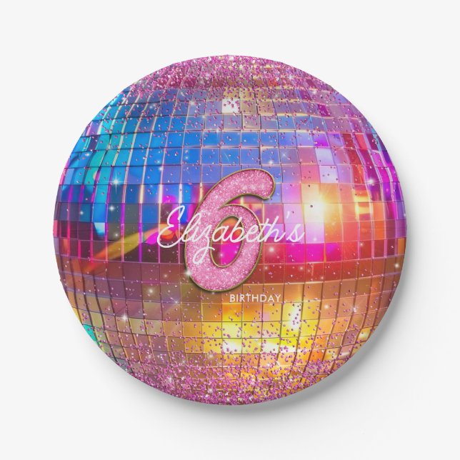 6th Birthday Party Gold Pink Glitter Disco Ball Pappteller (Vorderseite)