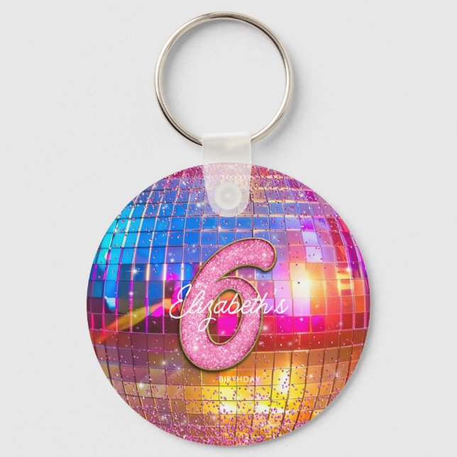 6th Birthday Party Gold Pink Glitter Disco Ball Schlüsselanhänger (Rückseite)