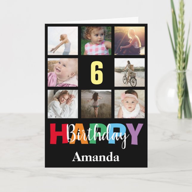 6th Happy Birthday Photo Collage Modern Black Karte (Vorderseite)