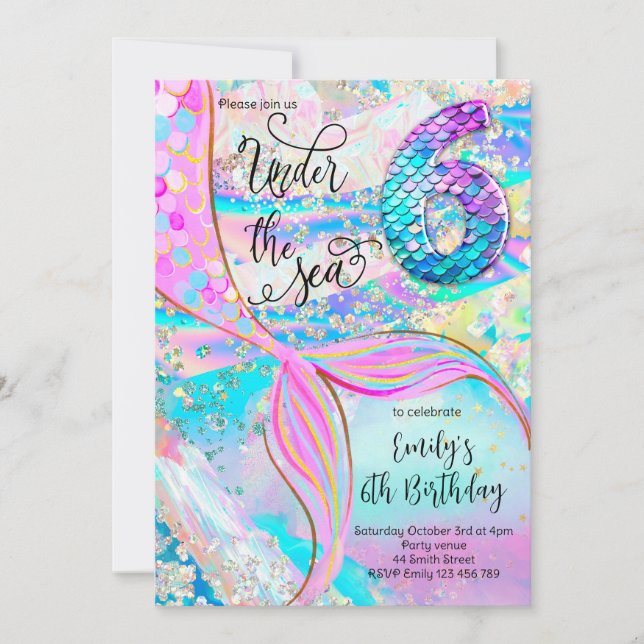 6th Mermaid Birthday Under the Sea Invitation Einladung (Vorderseite)
