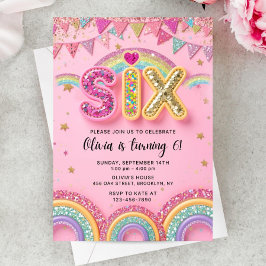 6th Pink Birthday Invitation Girl, 6th Pink Rainbo Einladung