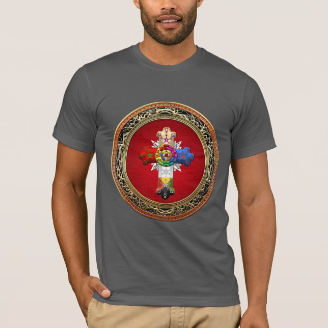 [700] Rosiges Kreuz (Rose Croix) auf Rot u. Gold T-Shirt (Vorderseite)