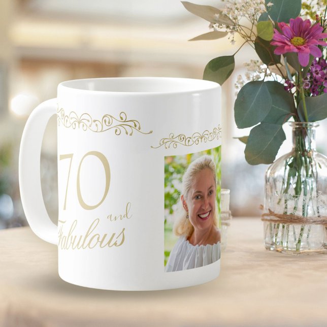 70 and Fabulous Ornament 70th Birthday Photo Kaffeetasse (Von Creator hochgeladen)
