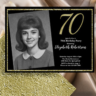 70. Benutzerdefiniertes Schwarz-Gold-Foto Einladung