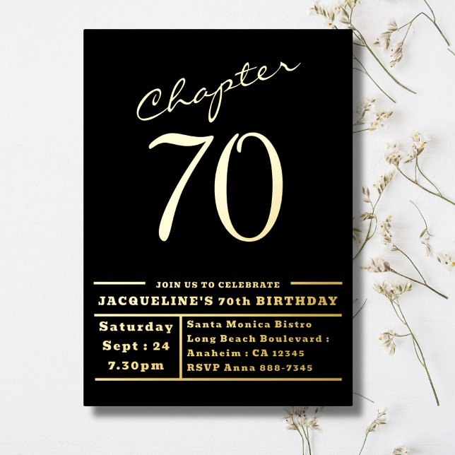 70 Black 70th Birthday Party Gold Foil Invitation (70th birthday black and gold foil elegant invitations.)