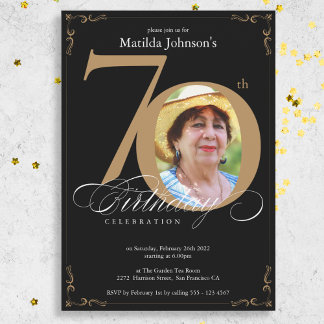 70. Black Gold Elegant Calligraphy Foto Geburtstag Einladung