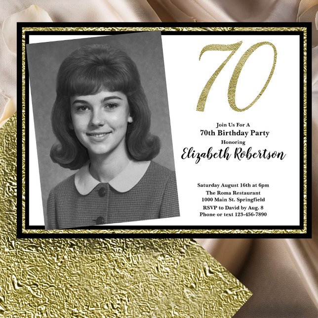 70. Custom Foto White Black und Gold Einladung (Von Creator hochgeladen)