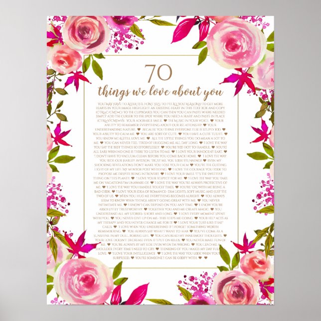 70 Dinge, die wir über Sie Liebe rosa Rosen Jahres Poster (Vorne)