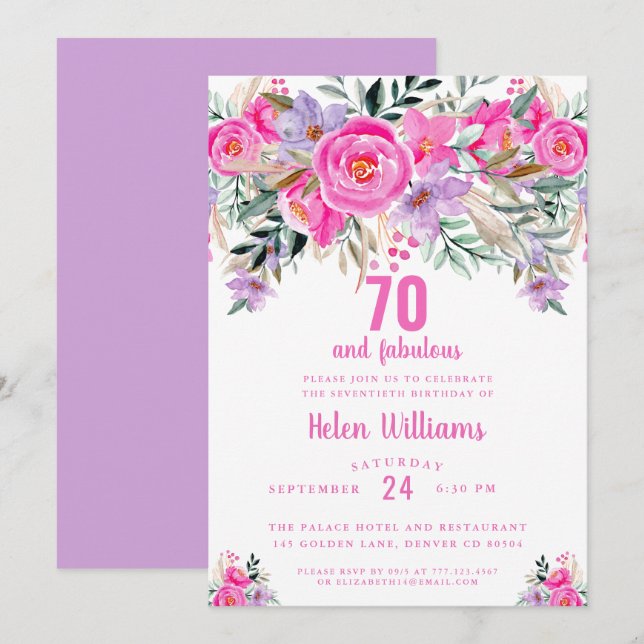 70 et fabuleuse invitation rose 70e anniversaire (Devant / Derrière)
