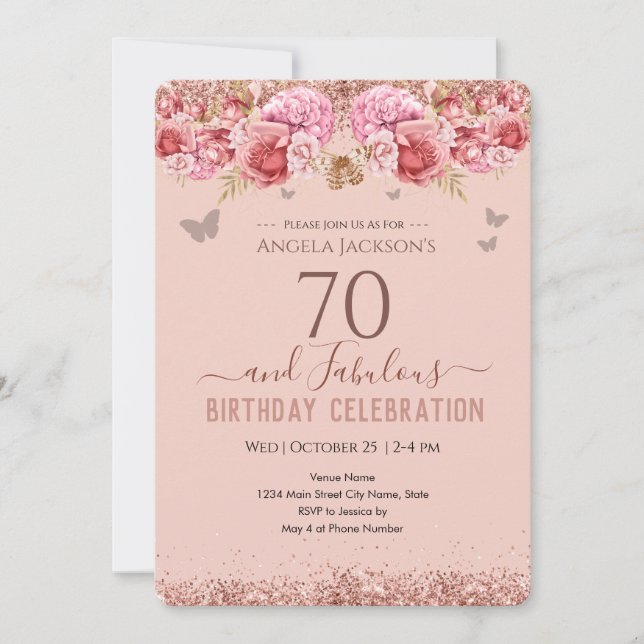 70 et fabuleux Adulte Anniversaire rose Invitation (Devant)