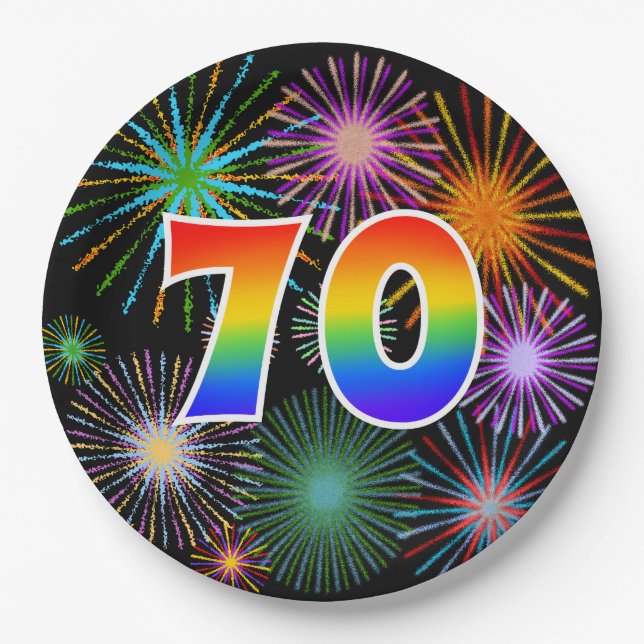 70. Event - Spaß, farbenfroh, kühl, Regenbogen 70 Pappteller (Vorderseite)