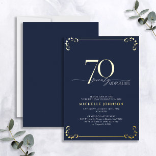 70 & Fabelhaft Blau & Gold Kalligrafie Geburtstag Folieneinladung