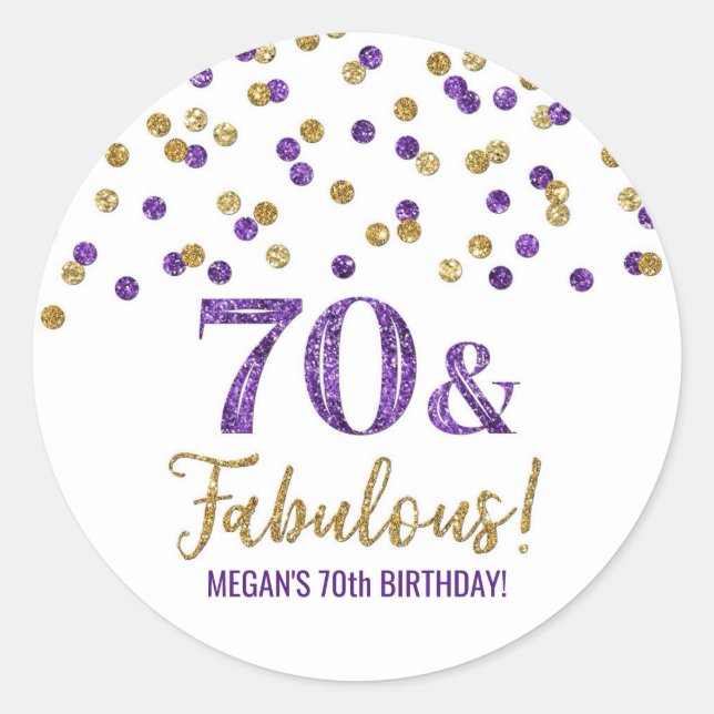70 & Fabulous Birthday Lila Gold Confetti Runder Aufkleber (Vorderseite)